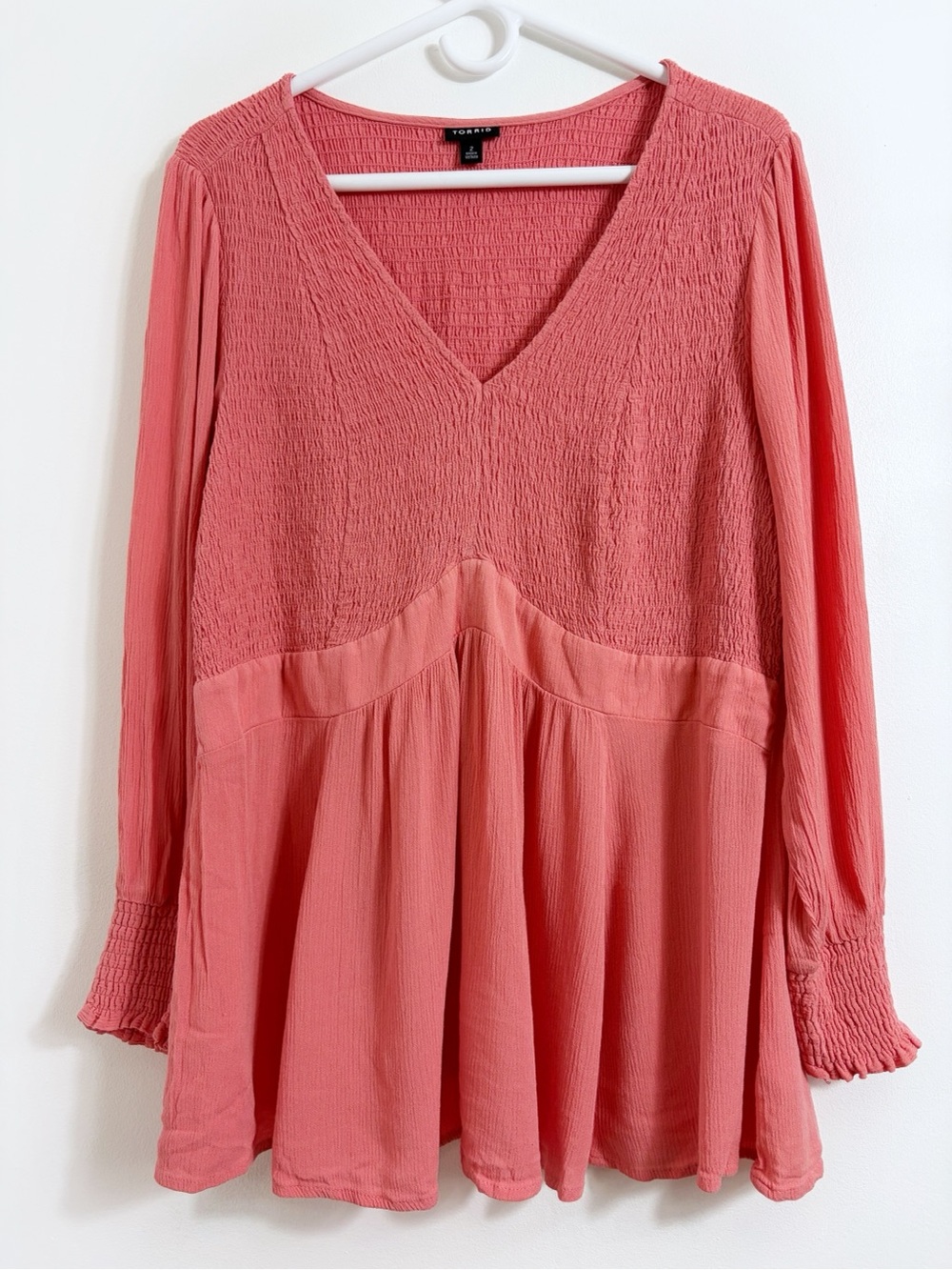 Torrid Smocked Peachy Coral Long Sleeve Babydoll Blouse
